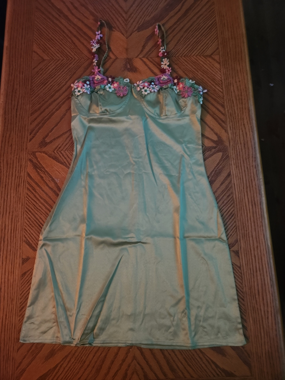 Floral Trim Satin Chemise Slip - Green